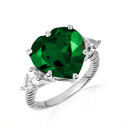 .925 Sterling Silver Heart Emerald Gemstone Roped Band Ring