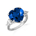 .925 Sterling Silver Heart Sapphire Gemstone Roped Band Ring