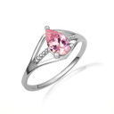 .925 Sterling Silver Pear Cut Beaded Pink Cubic Zirconia Birthstone Ring