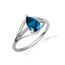 .925 Sterling Silver Pear Cut Beaded Blue Topaz Cubic Zirconia Birthstone Ring