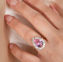 Gold Pear Cut Gemstone Halo Ring on female model