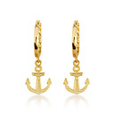 Yellow Gold Nautical Anchor Cuban Link Huggie Hoop Earrings back view