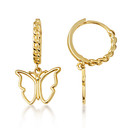 Yellow Gold Butterfly Nature Cuban Link Huggie Hoop Earrings front and side view