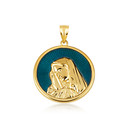 Yellow Gold Enamel Virgin Mother Mary Medallion Pendant