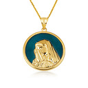 Yellow Gold Enamel Virgin Mother Mary Medallion Pendant Necklace