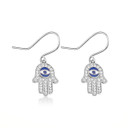 White 14K Gold Enamel Diamond Studded Hamsa Hand Evil Eye Of Protection Leverback Earrings