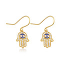 Yellow Gold Enamel Diamond Studded Hamsa Hand Evil Eye Of Protection Leverback Earrings