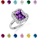 .925 Sterling Silver Radiant Cut Birthstone Halo Ring