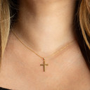 14K Yellow Gold Sacred Religious Cross Pendant Necklace on female model