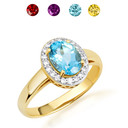 Gold Genuine Oval Gemstone Diamond Halo Ring