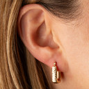 Yellow Gold Ribbed Square Hoop Diamond Cut Earrings on female model