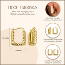 Yellow Gold Ribbed Square Hoop Diamond Cut Earrings with measurements