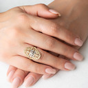 Two-Tone Yellow/White Gold Diamond Cut Flower Filigree Ring on female model