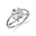 White Gold Lucky 4 Leaf Clover Emerald Gemstone Ring