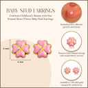 Yellow Gold Enamel Heart Flower Baby Stud Earrings with measurements
