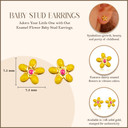 Yellow Gold Enamel Flower Baby Stud Earrings with measurements