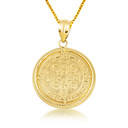 Yellow Gold Saint Benedict Cubic Zirconia Halo Medallion Pendant Necklace back view