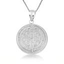 10K White Gold Saint Benedict Diamond Halo Medallion Pendant Necklace - back view