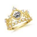 Yellow Gold Personalized Heart Cut Genuine Clear Gemstone Crown Ring