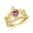 Yellow Gold Personalized Heart Cut Genuine Pink Gemstone Crown Ring