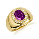 Yellow Gold Oval Amethyst Gemstone Diamond Halo Signet Ring