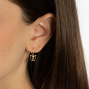 Yellow Gold Butterfly Nature Drop Huggie Hoop Earrings on female model