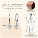 .925 Sterling Silver Fleur-de-Lis French Drop Huggie Hoop Earrings with measurements