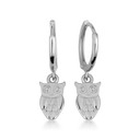 .925 Sterling Silver Owl Drop Huggie Hoop Earrings