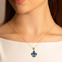 Yellow Gold Blue Enamel French Fleur-de-lis Pendant Necklace on female model