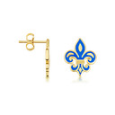 Yellow Gold Blue Enamel French Fleur-de-lis Stud Earrings