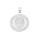 .925 Sterling Silver Lion Head Greek Key Medallion Pendant Necklace (Available in Small & Large)