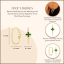 14K Yellow Gold Synthetic Green Malachite Gemstone Cross Oval Hoop Earrings with measurements