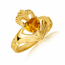 Gold Woman's Elegant Claddagh Birthstone Citrine Heart Shape Ring