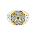 Two-Tone Gold Celtic Cross Green CZ Mens Emerald Ring