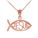 Gold Ichthus JESUS Inscribed Horizontal Pendant Necklace(Available in Yellow/Rose/White)