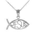 White Gold Ichthus "JESUS" Inscribed Horizontal Pendant Necklace