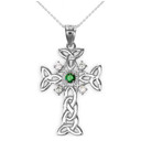 White Gold Celtic Knot Trinity Cross Diamond Pendant Necklace with Genuine Emerald