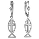 White Gold Cross Ichthus Earrings