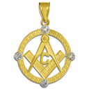 Yellow Gold Freemason Diamond Square & Compass Round Beaded Pendant