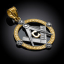 Two-Tone Gold Freemason Diamond Square & Compass Round Beaded Pendant in black background