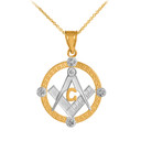 Two-Tone Gold Freemason Diamond Square & Compass Round Beaded Pendant Necklace