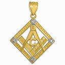 Yellow Gold Freemason CZ Square & Compass Diamond Shaped Pendant