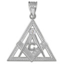 White Gold Freemason Square & Compass CZ Eye Of Providence Triangle Pendant