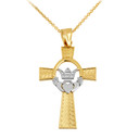 Two-Tone Gold Claddagh Irish Cross Pendant Necklace