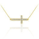 Yellow Gold Diamond Sideways Cross Religious Pendant Necklace