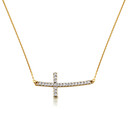 14K Gold Cubic Zirconia Sideways Cross Pendant Necklace (1.25")(Available in Yellow/Rose/White )