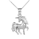 Satin Finish Diamond Cut Silver Unicorn Charm Pendant Necklace