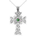 Silver Celtic Knot Trinity Cross Diamond Pendant Necklace with Genuine Emerald