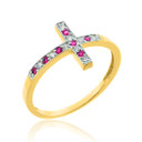 Gold Sideways Cross Red Zirconia Ring(Available in Yellow/Rose/White Gold)