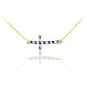 14K Yellow Gold Sideways Blue & Clear CZ Curved Cross Necklace (0.35")